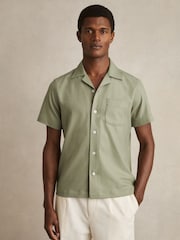 Reiss Sage Green Nitus Herringbone Twill Cuban Collar Short Sleeve Shirt - Image 1 of 7