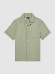 Reiss Sage Green Nitus Herringbone Twill Cuban Collar Short Sleeve Shirt - Image 2 of 7