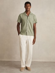 Reiss Sage Green Nitus Herringbone Twill Cuban Collar Short Sleeve Shirt - Image 3 of 7
