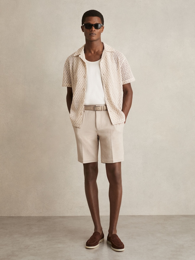 Reiss Oatmeal/White Pin Jersey Pinstripe Shorts - Image 1 of 6