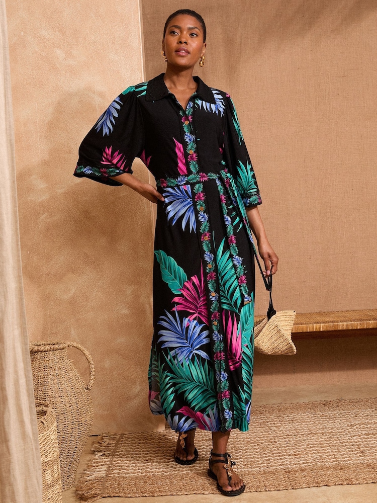 Love & Roses Black Tropical Petite Jersey Belted Shirt Midi Dress - Image 1 of 4 Love & Roses Black Tropical Petite Jersey Belted Shirt Midi Dress - Image 1 of 4