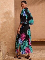 Love & Roses Black Tropical Petite Jersey Belted Shirt Midi Dress - Image 2 of 4
