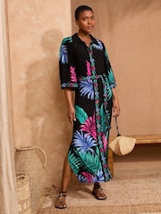 Love & Roses Black Tropical Petite Jersey Belted Shirt Midi Dress - Image 3 of 4
