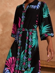 Love & Roses Black Tropical Petite Jersey Belted Shirt Midi Dress - Image 4 of 4