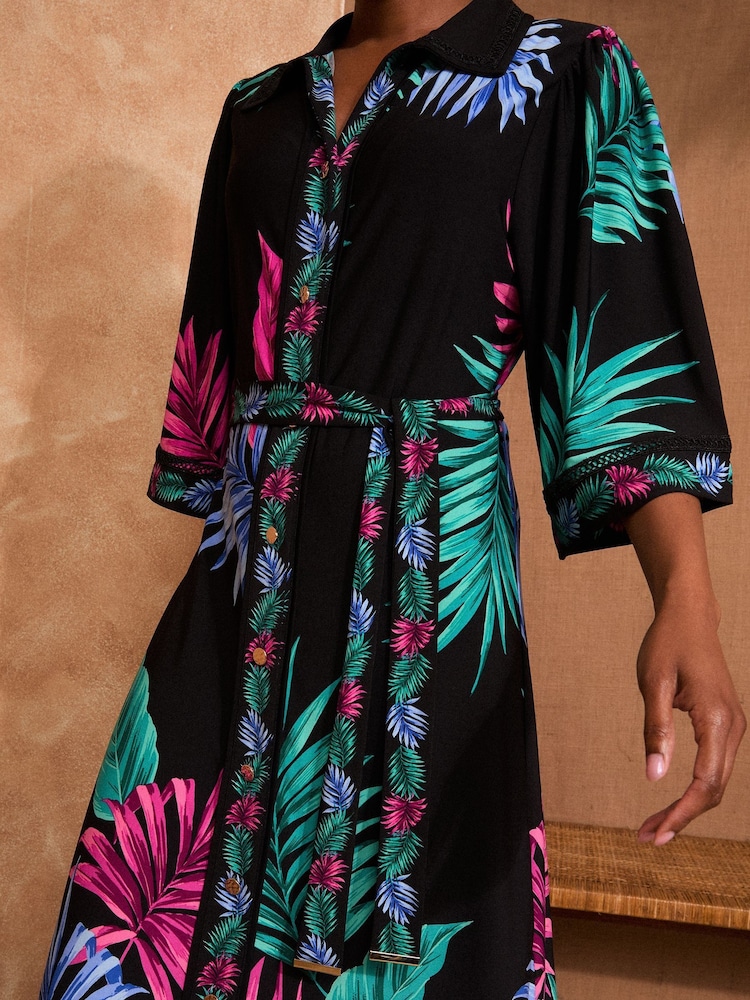 Love & Roses Black Tropical Petite Jersey Belted Shirt Midi Dress - Image 4 of 4 Love & Roses Black Tropical Petite Jersey Belted Shirt Midi Dress - Image 4 of 4