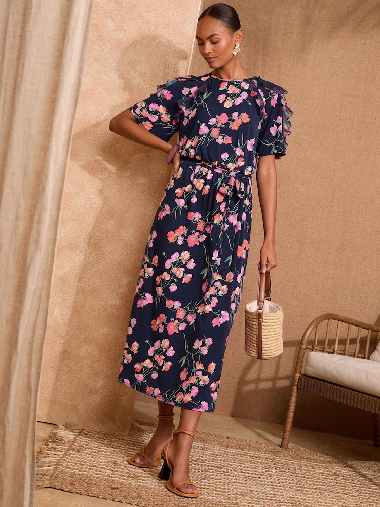 Love & Roses Navy Floral Petite Jersey Ruffle Belted Midi Dress - Image 1 of 4 Love & Roses Navy Floral Petite Jersey Ruffle Belted Midi Dress - Image 1 of 4