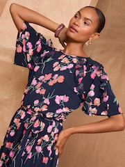 Love & Roses Navy Floral Petite Jersey Ruffle Belted Midi Dress - Image 2 of 4