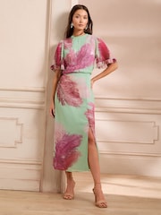 Love & Roses Green Petite Feather Sequin Angel Sleeve Midi Dress - Image 1 of 5