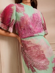 Love & Roses Green Petite Feather Sequin Angel Sleeve Midi Dress - Image 2 of 5