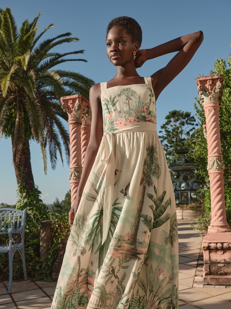 Love & Roses Ivory Scenic Printed Strappy 100% Cotton Sundress - Image 4 of 5