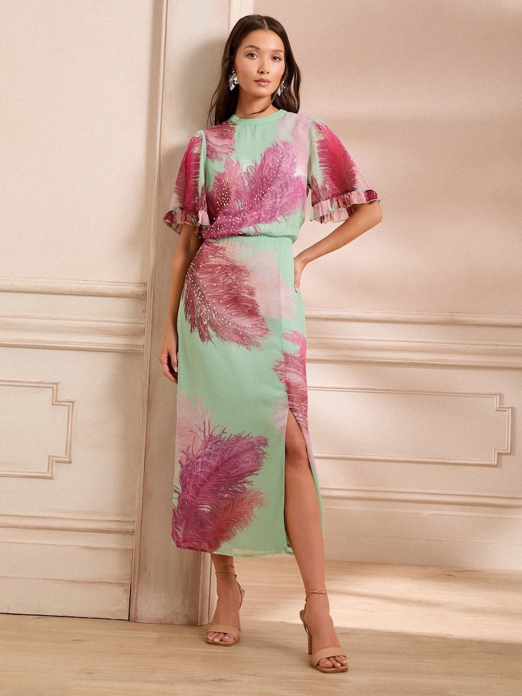 Love & Roses Green Feather Sequin Angel Sleeve Midi Dress - Image 1 of 5