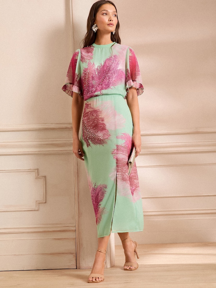 Love & Roses Green Feather Sequin Angel Sleeve Midi Dress - Image 5 of 5