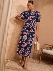Love & Roses Navy Floral Jersey Ruffle Belted Midi Dress - Image 1 of 4