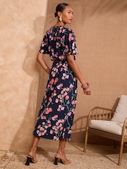 Love & Roses Navy Floral Jersey Ruffle Belted Midi Dress - Image 3 of 4