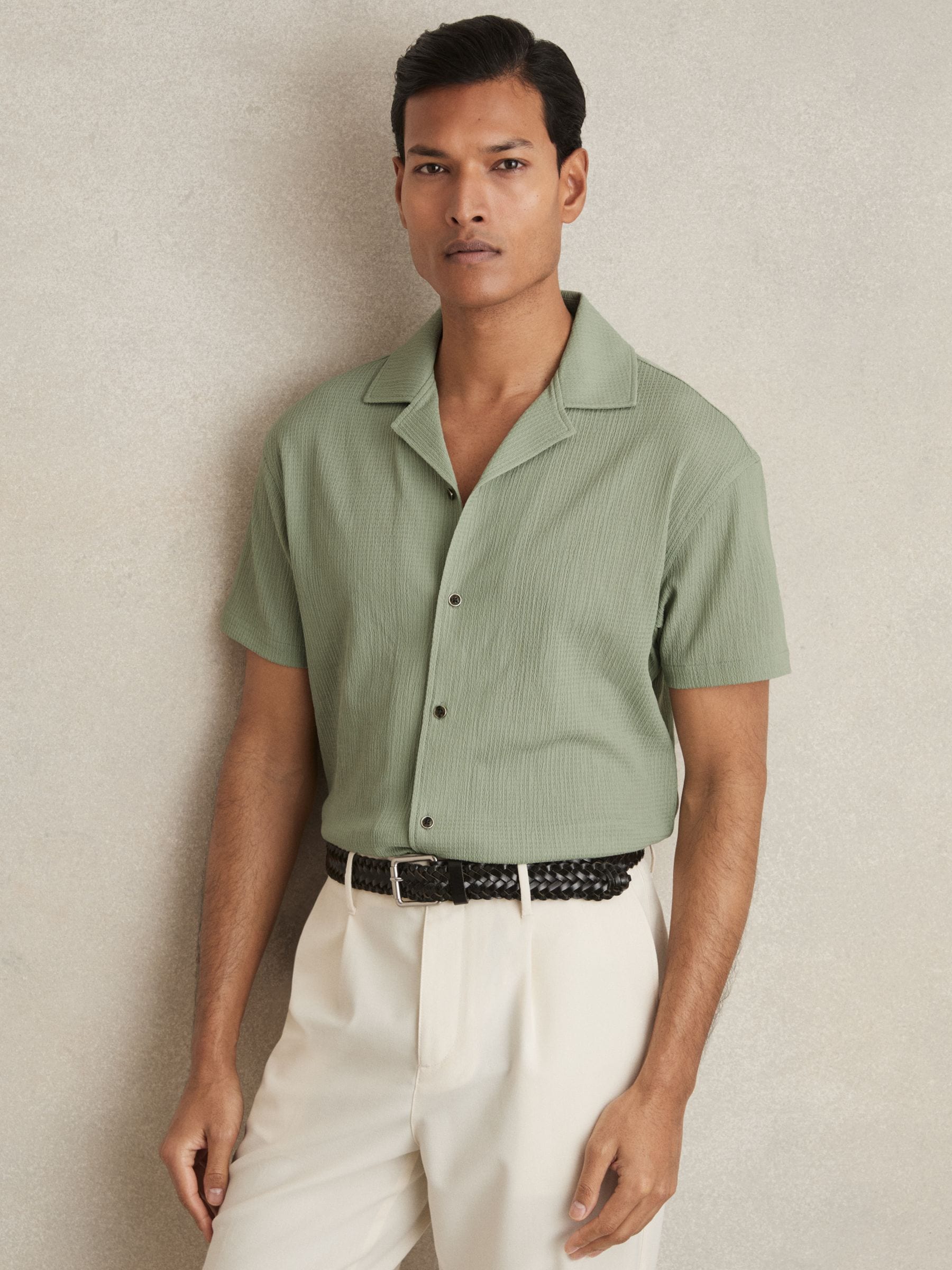 Reiss Sage Green Textured Crepe Cuban Collar Shirt In Green