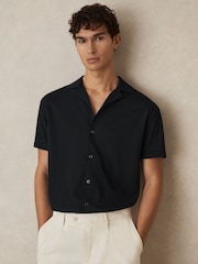 Reiss Navy Hunt Textured Crepe Cuban Collar Shirt - Image 1 of 6