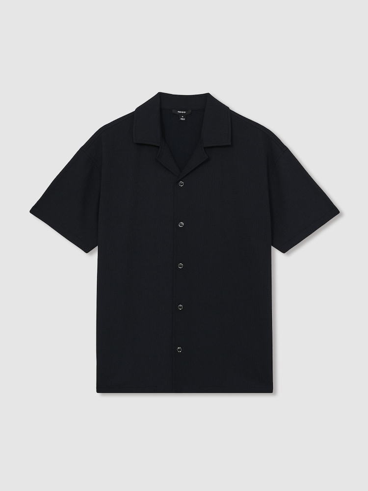 Reiss Navy Hunt Textured Crepe Cuban Collar Shirt - Image 2 of 6