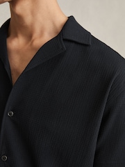 Reiss Navy Hunt Textured Crepe Cuban Collar Shirt - Image 4 of 6