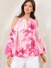 Lipsy Pink Printed Satin Cold Shoulder Top - Image 1 of 4