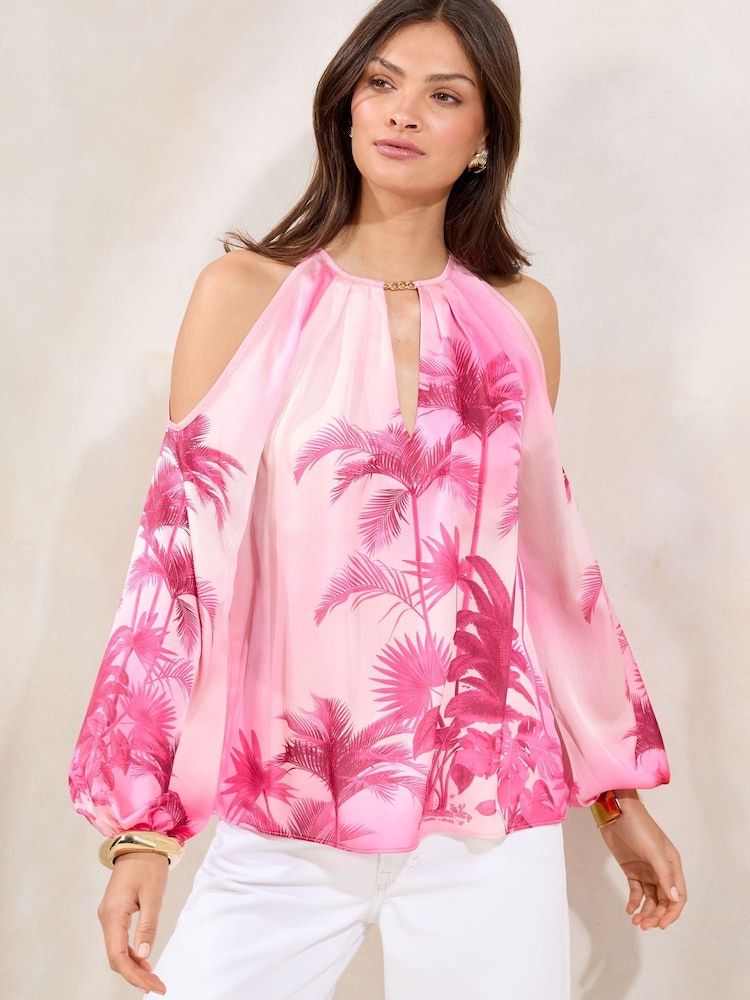 Lipsy Pink Printed Satin Cold Shoulder Top - Image 1 of 4
