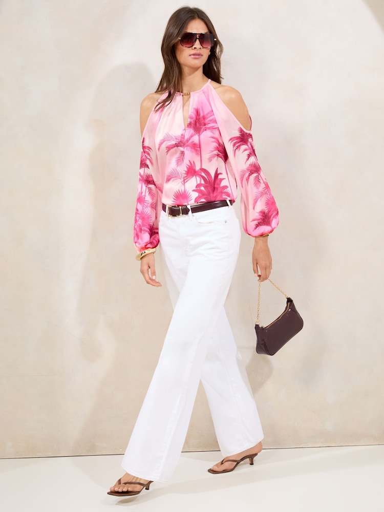 Lipsy Pink Printed Satin Cold Shoulder Top - Image 1 of 4 Lipsy Pink Printed Satin Cold Shoulder Top - Image 1 of 4