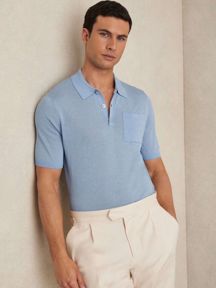 Reiss Mid Blue Nelson Patch Pocket Knit Polo Shirt - Image 1 of 7 Reiss Mid Blue Nelson Patch Pocket Knit Polo Shirt - Image 1 of 7