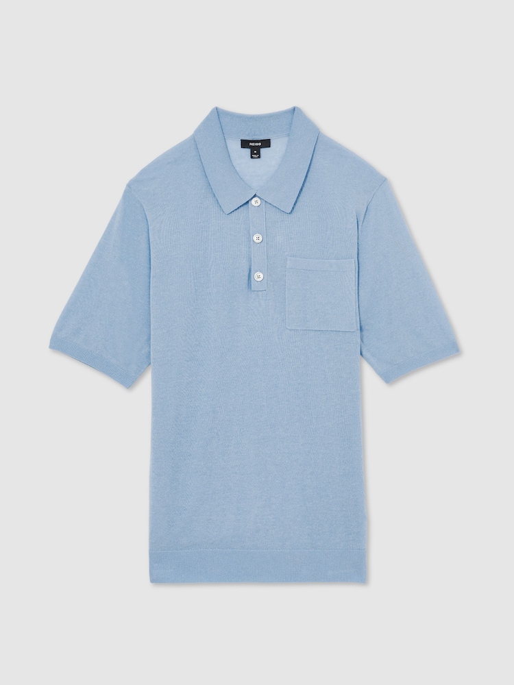 Reiss Mid Blue Nelson Patch Pocket Knit Polo Shirt - Image 2 of 7 Reiss Mid Blue Nelson Patch Pocket Knit Polo Shirt - Image 2 of 7