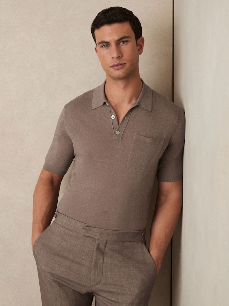 Reiss Mink Brown Nelson Patch Pocket Knit Polo Shirt - Image 1 of 6 Reiss Mink Brown Nelson Patch Pocket Knit Polo Shirt - Image 1 of 6