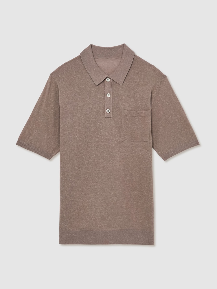 Reiss Mink Brown Nelson Patch Pocket Knit Polo Shirt - Image 2 of 6 Reiss Mink Brown Nelson Patch Pocket Knit Polo Shirt - Image 2 of 6