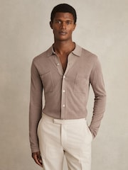 Reiss Taupe Brown Mellor Button-Through Knit Shirt With Linen - Image 1 of 6