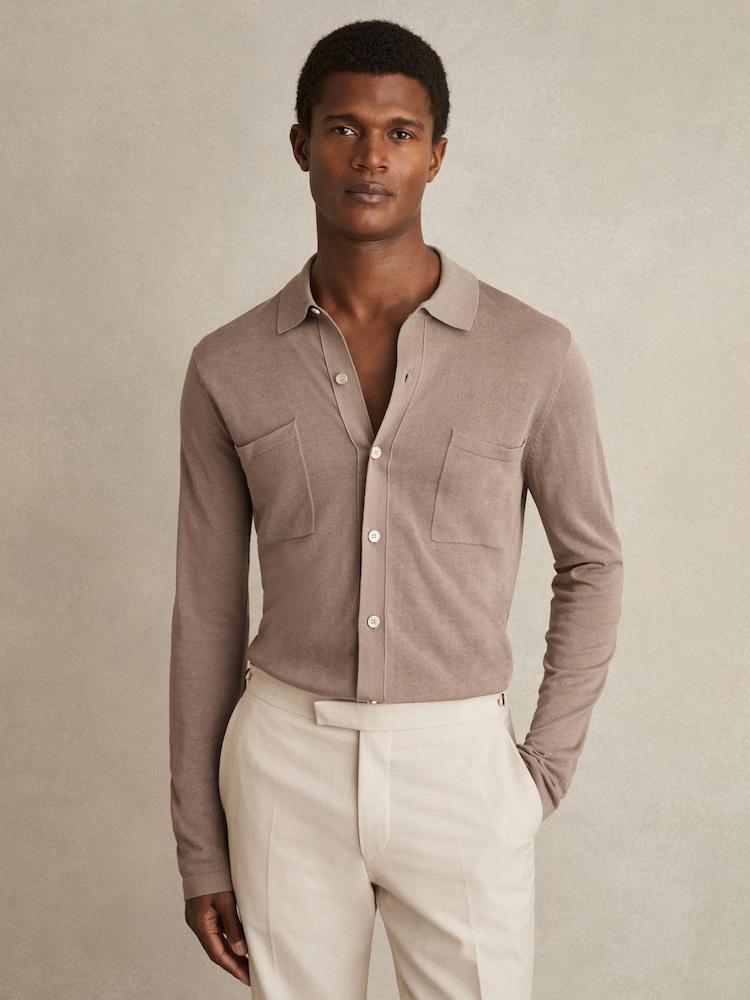 Reiss Taupe Brown Mellor Button-Through Knit Shirt With Linen - Image 1 of 6