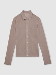 Reiss Taupe Brown Mellor Button-Through Knit Shirt With Linen - Image 2 of 6