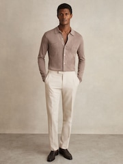 Reiss Taupe Brown Mellor Button-Through Knit Shirt With Linen - Image 3 of 6