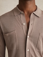 Reiss Taupe Brown Mellor Button-Through Knit Shirt With Linen - Image 4 of 6