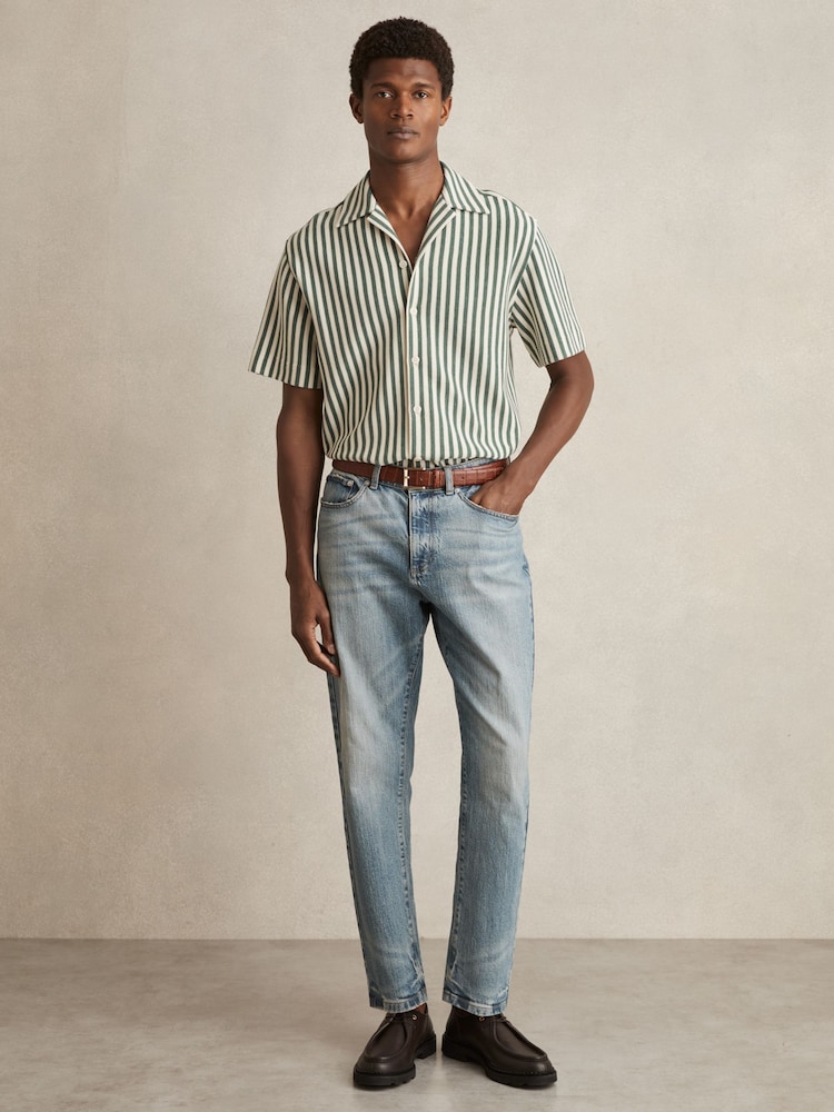 Reiss Green/White Trig Textured Stripe Cuban-Collar Shirt - Image 1 of 5