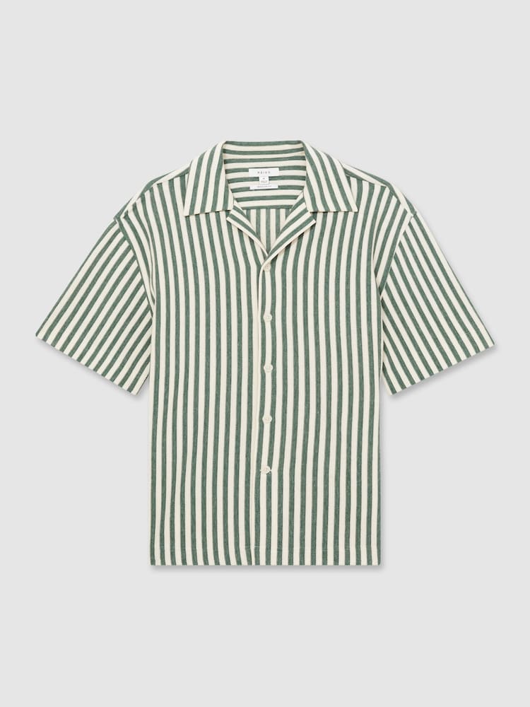 Reiss Green/White Trig Textured Stripe Cuban-Collar Shirt - Image 2 of 5