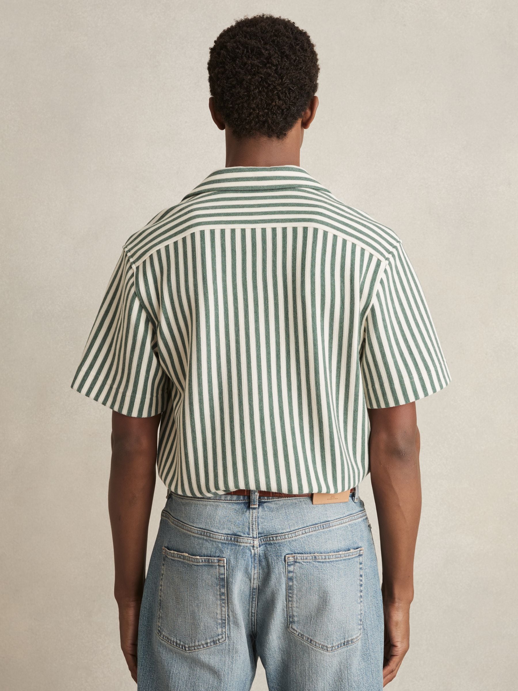 Buy Reiss Green/White Trig Textured Stripe Cuban-Collar Shirt from