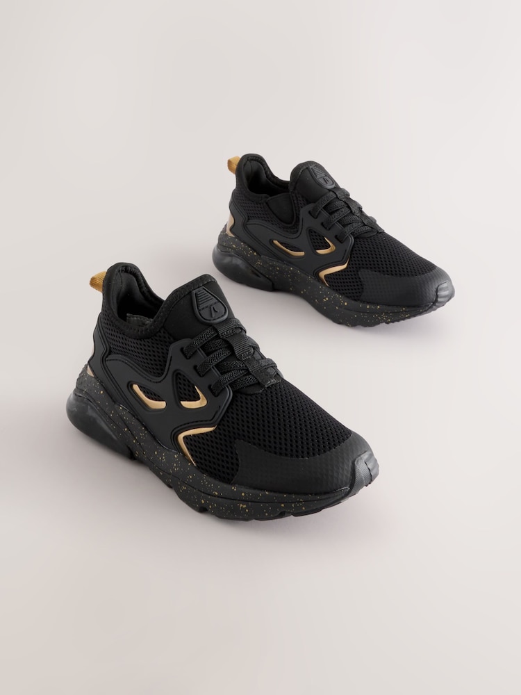 Black/Gold Wide Fit (G) Elastic Lace Trainers - Image 1 of 5