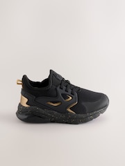 Black/Gold Wide Fit (G) Elastic Lace Trainers - Image 2 of 5