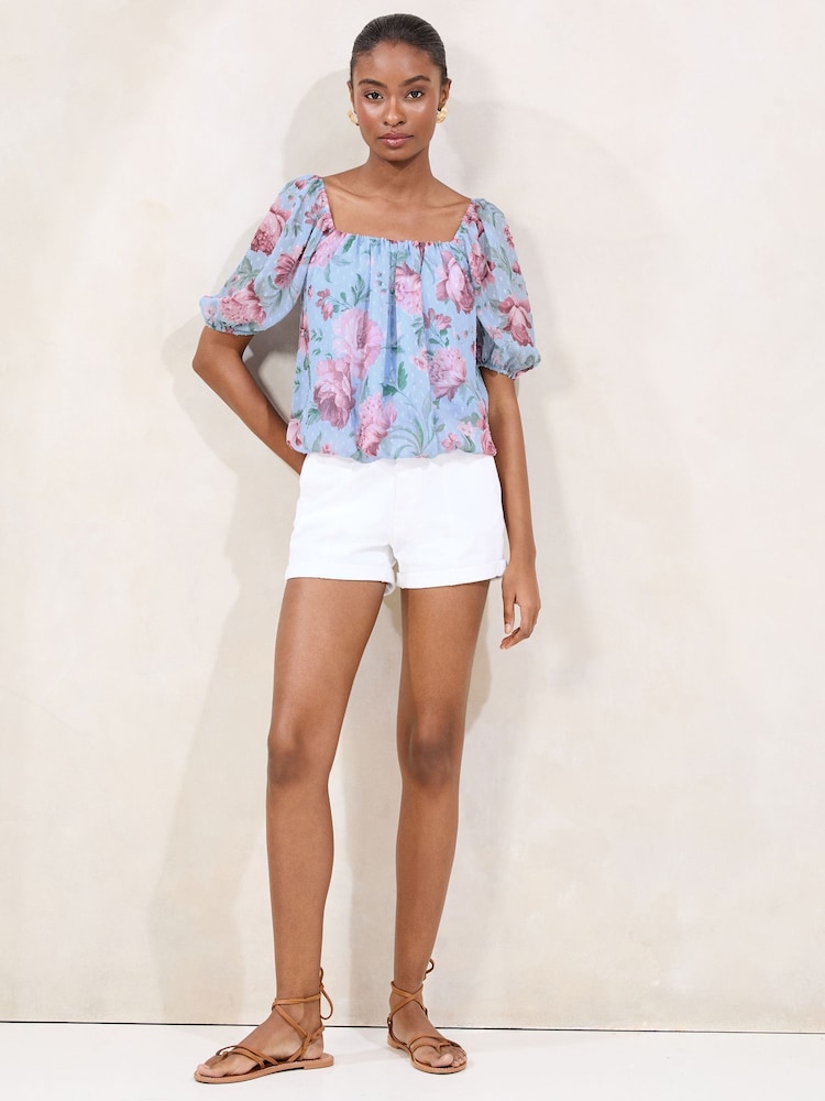 Lipsy Blue Square Neck Printed Bubble Hem Top - Image 3 of 4