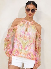 Lipsy Printed Yellow  Lurex Cold Shoulder Top - Image 1 of 4