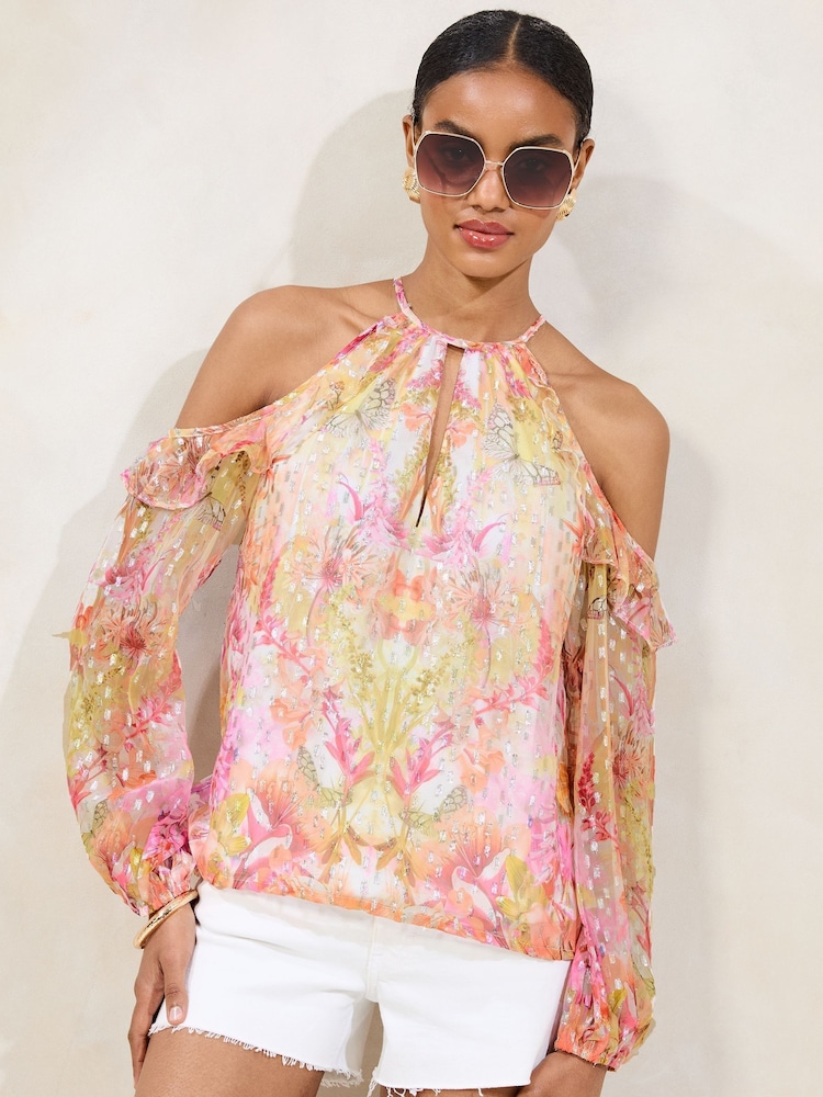 Lipsy Printed Yellow Lurex Cold Shoulder Top - Image 1 of 4 Lipsy Printed Yellow Lurex Cold Shoulder Top - Image 1 of 4