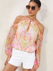 Lipsy Printed Yellow  Lurex Cold Shoulder Top - Image 3 of 4