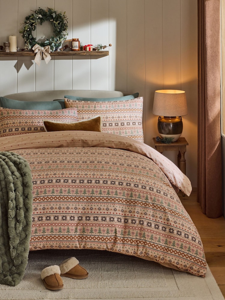 Natural Fairisle Pattern Christmas Brushed Duvet Cover and Pillowcase Set - Image 1 of 4 Natural Fairisle Pattern Christmas Brushed Duvet Cover and Pillowcase Set - Image 1 of 4