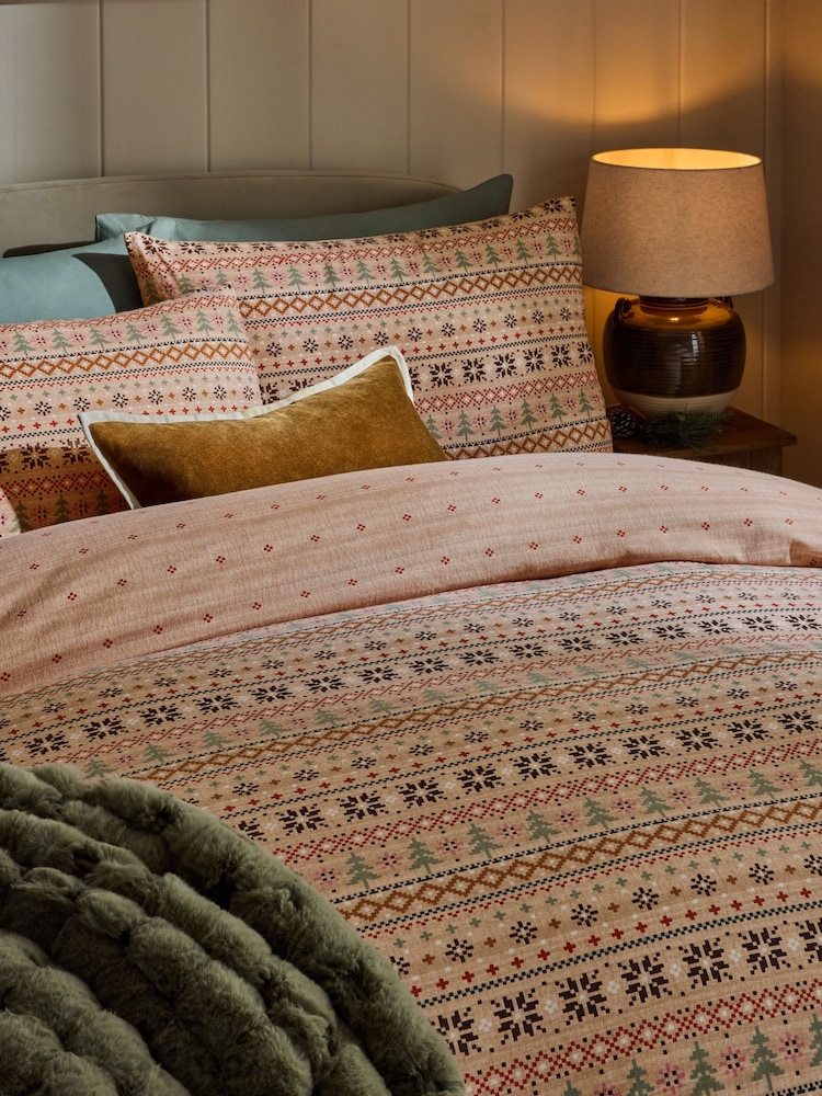Natural Fairisle Pattern Christmas Brushed Duvet Cover and Pillowcase Set - Image 2 of 4 Natural Fairisle Pattern Christmas Brushed Duvet Cover and Pillowcase Set - Image 2 of 4