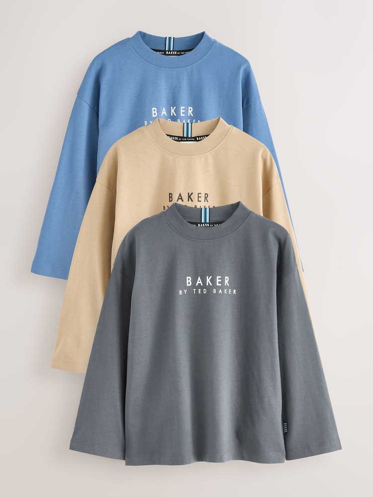 Grey/Stone/Blue - Baker by Ted Baker Cotton Long Sleeve T-Shirts 3 Pack - Slika 1 iz 5