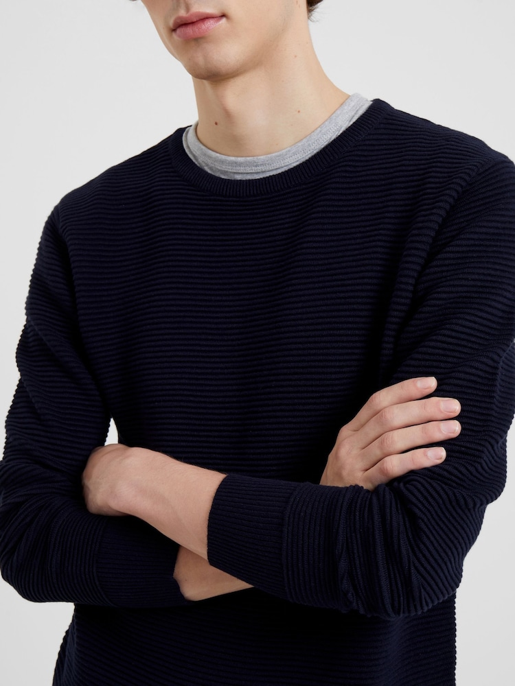 French Connection Blue Crew Neck Ribbed 100% Cotton Knit Jumper - Image 4 of 4