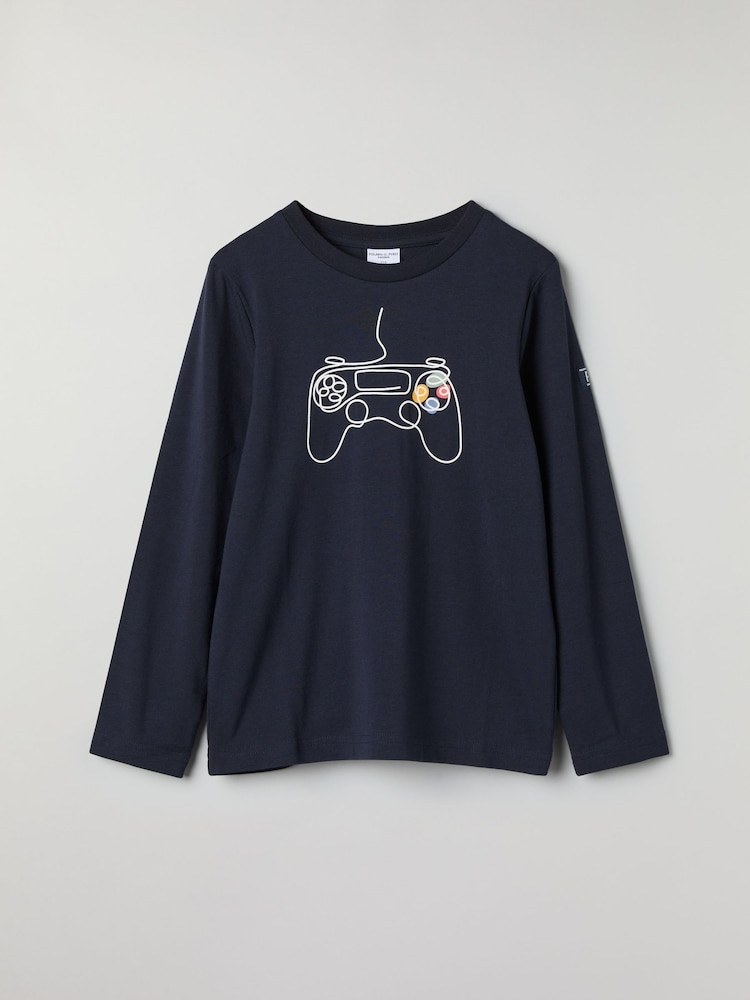 Polarn O. Pyret Blue Organic Cotton Gamer Print Top - Image 1 of 4