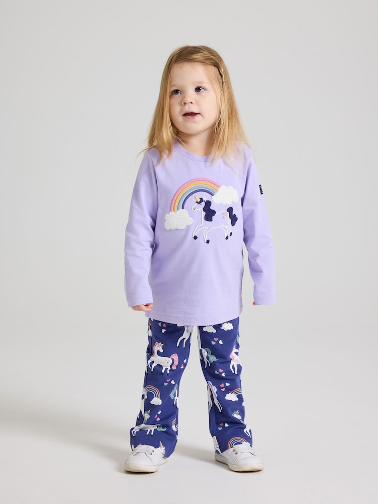 Polarn O. Pyret Blue Unicorn Print Flared Joggers - Image 1 of 4 Polarn O. Pyret Blue Unicorn Print Flared Joggers - Image 1 of 4