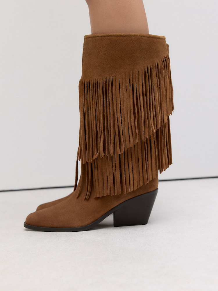 Tan Brown Suede Forever Comfort® Fringed Knee High Cowboy Boots - Image 2 of 5 Tan Brown Suede Forever Comfort® Fringed Knee High Cowboy Boots - Image 2 of 5